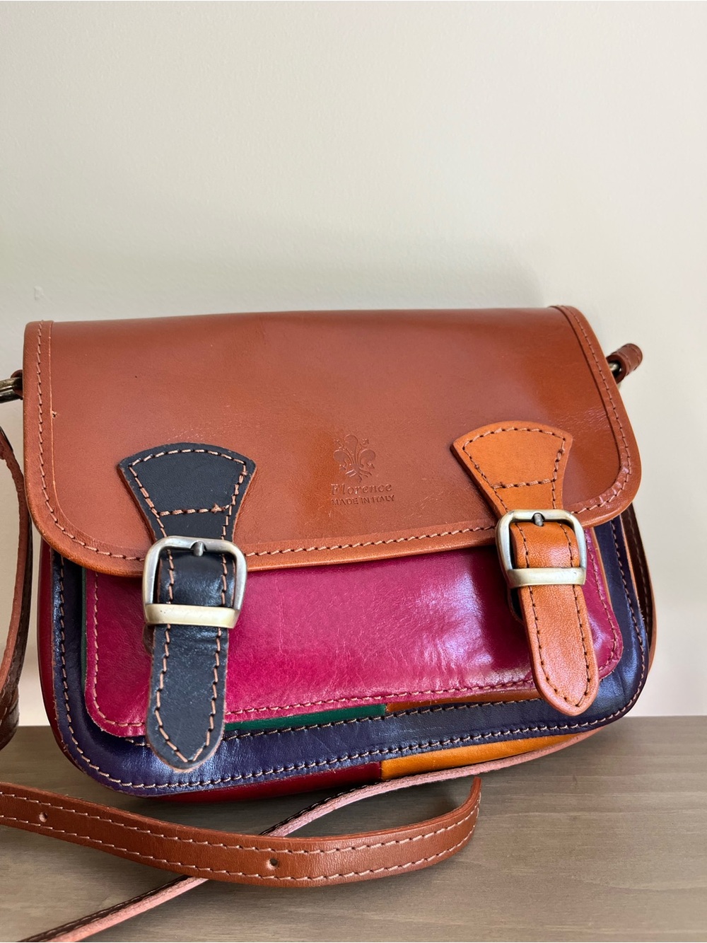 Florence Italy Leather Multi-Panel Crossbody Bag in multi color